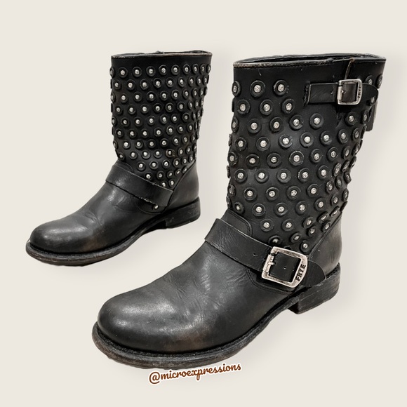 $389 Frye Jenna Studded Disc Vintage Distressed Black Leather Combat Short Boot - Picture 14 of 16